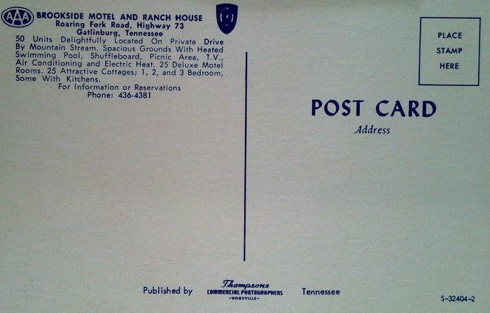 Brookside Lodge (Brookside Motel and Ranch House) - Vintage Postcard Back